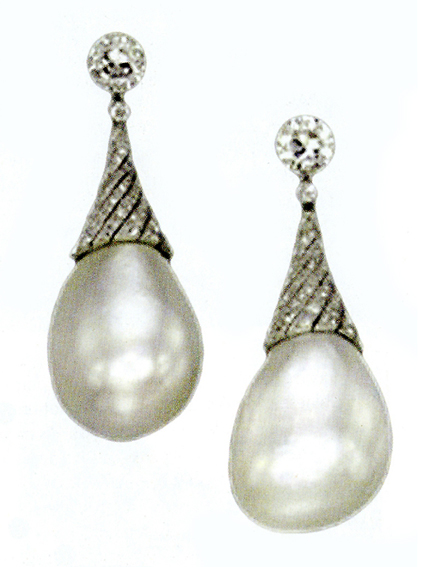 A pair of drop-shape pearl and diamond earrings sold at Christie’s in Geneva last year for £1.43 million.
