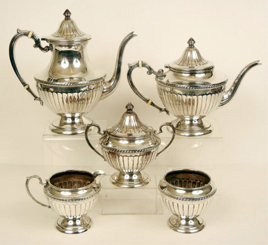Five-piece sterling silver coffee and tea service, total weight 72.555ozt, est. $1,500-$1,800. Stephenson’s Auction image