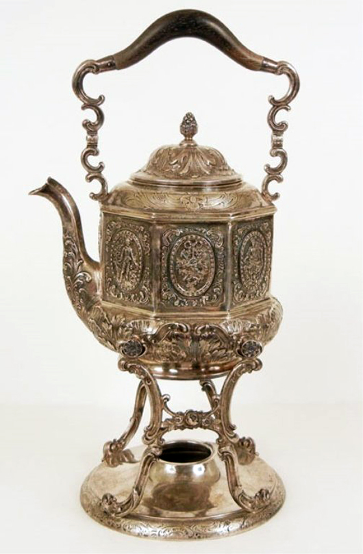 Weinranck & Schmidt Hanau sterling silver swing kettle on marked stand, total weight: 53.415ozt, est. $1,600-$3,000. Stephenson’s Auction image