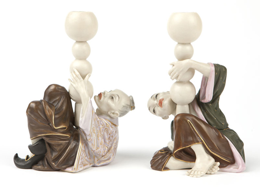 These late-19th-century Royal Worcester candlesticks depicting whimsical Mandarin jugglers are in excellent condition and may reach $800-$1200 at auction. John Moran image
