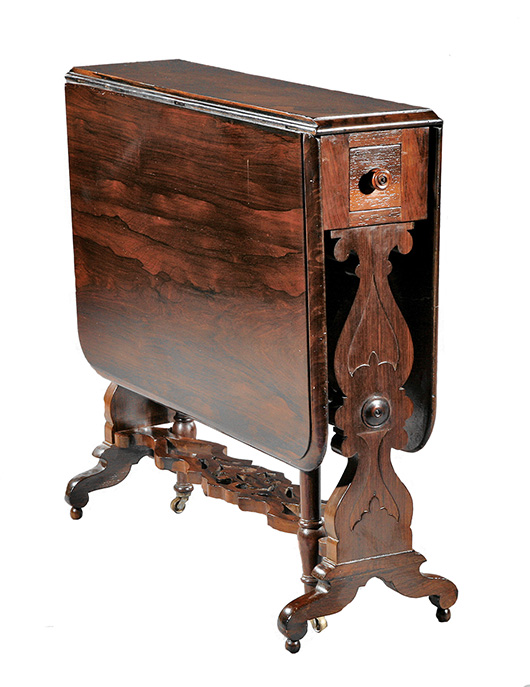 J. and J.W. Meeks of New York City made this classical drop-leaf table about 1840. It has a stenciled label in the drawer with the address of the workshop from 1836 to 1855. It extends to 45 inches long. The table sold for $1,075 at Neal Auction this spring in New Orleans.