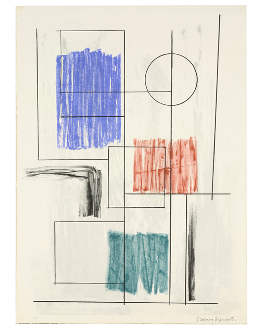 Dame Barbara Hepworth RA (1903-1975), ‘Argos,’ 1969, lithograph printed in colors, on handmade Barcham green paper, signed and numbered 6/60 in pencil, printed and published by Curwen Studio, with their blindstamp, 81 x 59cm. Estimate: £800-£1,200. Sworders Fine Art Auctioneers image.