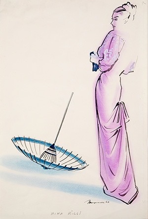 Maynard original fashion illustration for Nina Ricci, 1946, ink and watercolor, signed, 48 x 32.5 cm. Price: £2,500. Gray M.C.A. image.