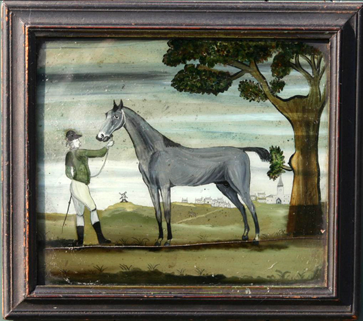 Charming naive painting of a horse and groom, circa 1790, actually painted on a 6-by-6-inch sheet of glass. Price: £2,000. Image courtesy of John Shepherd and Erna Hiscock.
