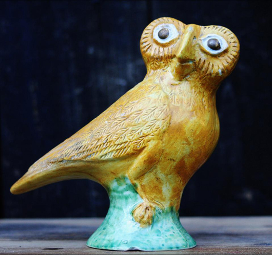 Staffordshire pottery owl, circa 1790, with hollow base. Price: £1,200. Image courtesy of John Shepherd and Erna Hiscock.