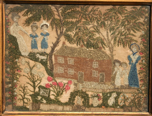 Small silk needlework picture, circa 1800, 8 by 8 inches. Price: £2,500. Image courtesy of John Shepherd and Erna Hiscock.