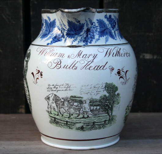 Interesting documentary Swansea pottery jug featuring the Bull’s Head pub near Carmarthen with horses pulling a canal boat, probably made to commemorate a marriage, circa 1815. Price: £900. Image courtesy of John Shepherd and Erna Hiscock.