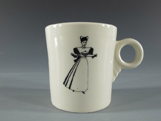 Dirk Soulis Auctions in Lone Jack, Mo., sold this Fred Harvey 'Harvey Girls' mug for $70 in 2010. It is marked 'Jackson China.' Image courtesy of LiveAuctioneers.com Archive and Dirk Soulis Auctions.