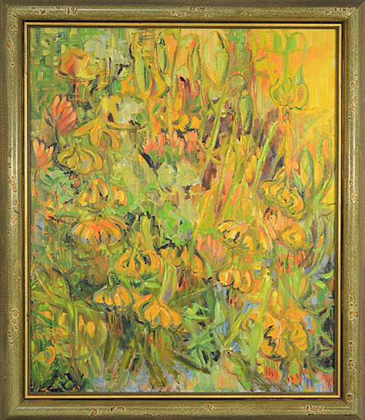 Lot 66 - Canadian oil on canvas by B.C. Cariboo artist Sonia Cornwall (1919-2006) 'Tigerlilies in Woods.' Start: $830 - estimate: $1,150. Mumbling Muse image.