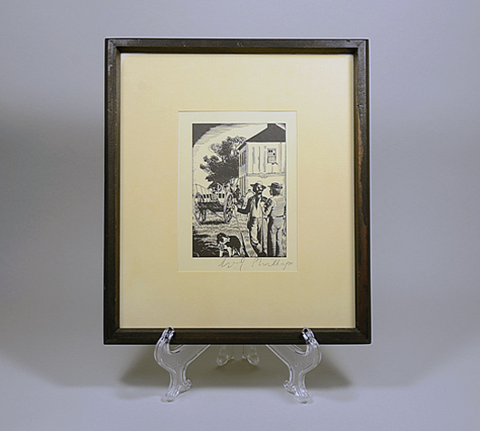 Lot 87-88 - to be sold individually a pair of Walter J. Phillips signed woodcuts from the 'Dreams of Fort Garry' series. Garden Sundal and Metis Assemble. Starting bid: $635 - estimate: $895 each. Mumbling Muse image.