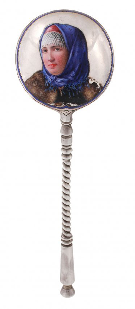 Russian silver and enamel spoon by Ivan Petrovich Khlebnikov. Price realized: £4,960. Dreweatts & Bloomsbury image.