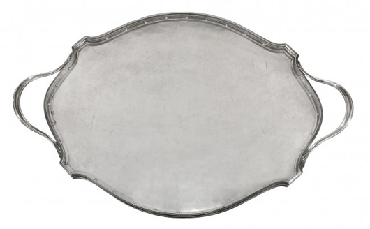 Arts & Crafts hammered silver tray by Omar Ramsden. Price realized: £8,060. Dreweatts & Bloomsbury image.