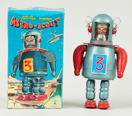Yonezawa tin-litho and painted-tin crank-wind Astro-Scout robot with original box, est. $4,000-$8,000. Morphy Auctions image