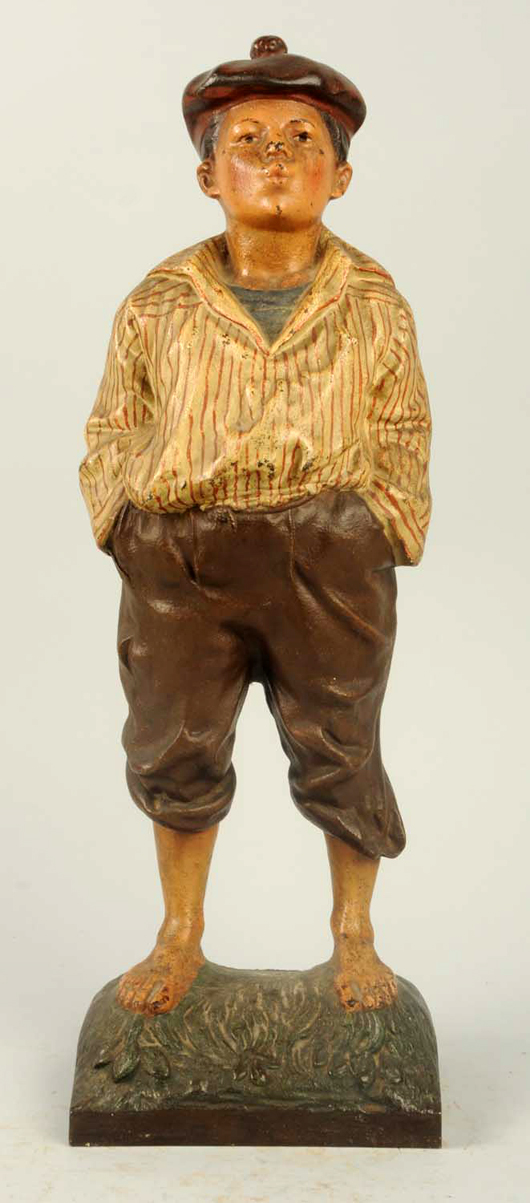 Bradley & Hubbard cast-iron ‘Whistling Jim’ doorstop, 16¼ inches tall, est. $10,000-$15,000. Morphy Auctions image