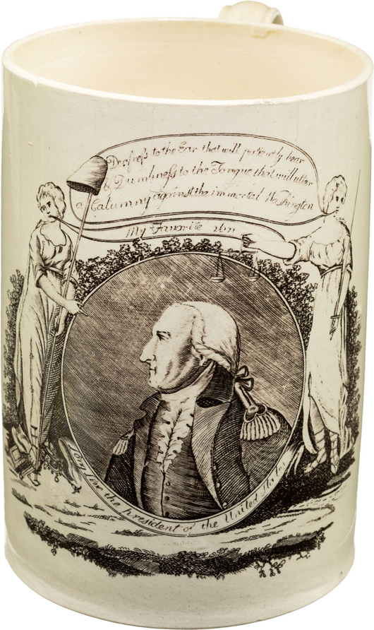 George Washington 'Long Live the President of the United States,' Liverpool creamware tankard. Height 6 inches. Estimate: $3,500 - up. Heritage Auctions image.