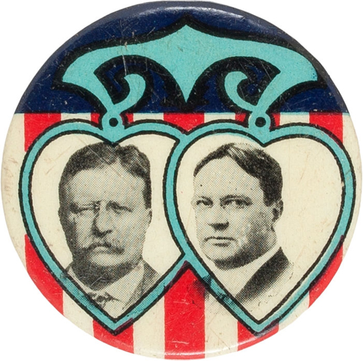Theodore Roosevelt and Johnson rare and colorful 1912 celluloid jugate, 1 1/4 inches. Estimate: $4,000 - up. Heritage Auctions image.