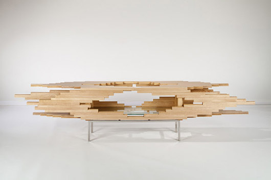 Sebastian Errazuriz (Chilean, b. 1977) 'Explosion' cabinet, 2014, maple, glass, and stainless steel, 29 1/4 x 56 x 15 7/8 inches (74.30 x 142.24 x 40.48 cm). Carnegie Museum of Art, Pittsburgh, Women’s Committee Acquisition Fund.