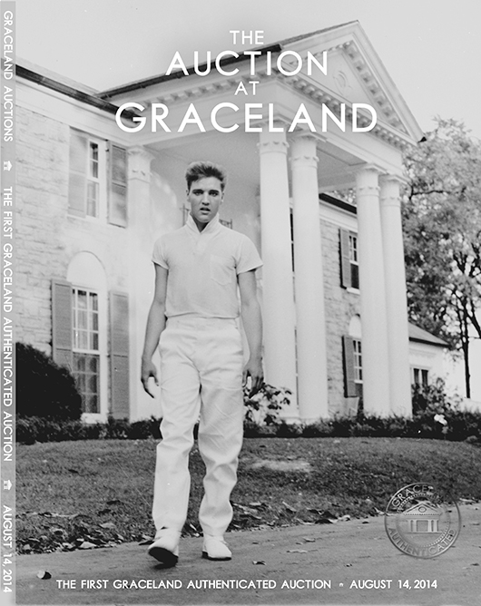 The cover of the printed catalog for the Aug. 14 'Auction at Graceland' features a photo of Elvis Presley in front of his beloved Memphis home, Graceland. Photo Courtesy of Graceland, Memphis, TN.