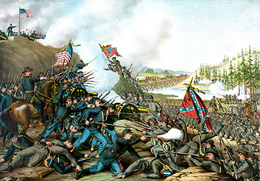 'Battle of Franklin,' chromolithograph published in 1891 by Kurz and Allison, Chicago. Image courtesy of Wikimedia Commons.