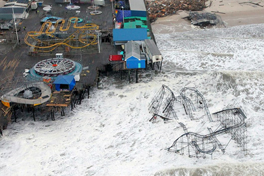 Aerial view of damage caused by Hurricane Sandy to a Seaside Heights, N.J., amusement park. Image courtesy of Wikimedia Commons.