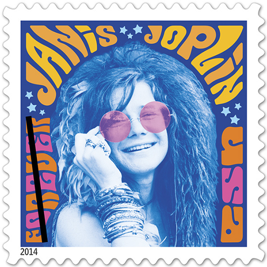 Texas blues/rock singer Janis Joplin is honored on this USPS stamp that will be released on August 8, 2014. Image courtesy of USPS.