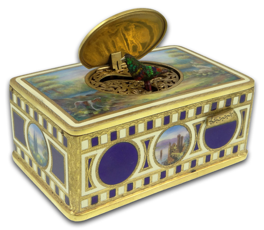 Antique enamel singing bird box automaton by Karl Greisbaum. Price realized: $7,670. Kodner Galleries image.