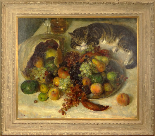 John Koch (American, 1909-1978) ‘Still Life with Cat,’ oil on canvas. Price realized: $11,800. Kodner Galleries image.