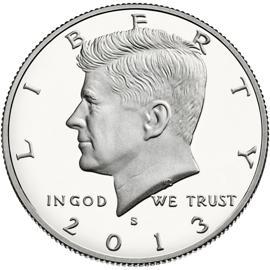 1913 John F. Kennedy proof Half-Dollar, engraver Gilroy Roberts. U.S. Mint image.