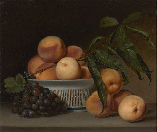 Raphaelle Peale (1774-1825), 'Peaches and Grapes in a Chinese Export Basket,' 1813, oil on panel, Amon Carter Museum of American Art, Fort Worth, Texas, acquisition in memory of Ruth Carter Stevenson, President of the Board of Trustees, 1961-2013, with funds provided by the Ruth Carter Stevenson Memorial and Endowment Funds.