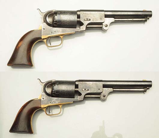 Top lot of the sale, a pair of 1857 Colt Walker Type 3 Dragoons with consecutive serial numbers, $54,000. Morphy Auctions image