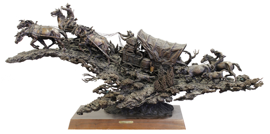 This large and dramatic bronze sculpture by Bob Grieves (b. 1986) titled ‘Shanandoah Farewell’ reached $15,470, well above its $8,000 to $12,000 estimate. Clars Auction Gallery image.