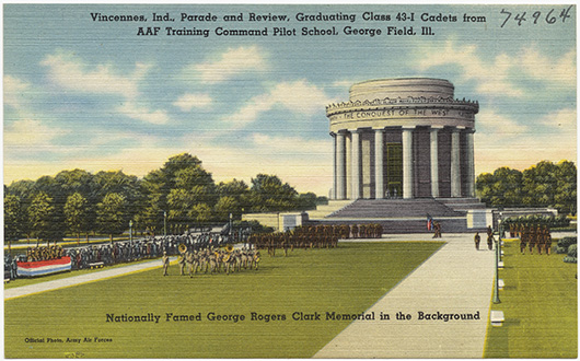 A 1930s postcard picturing the newly built George Rogers Clark Memorial in Vincennes, Ind. Image courtesy of Wikimedia Commons.
