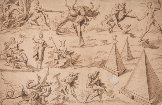 Thomas Carwitham (fl. 1713-1733), sheet of studies, showing figures grappling, mythical gods and pyramids. Sold for £7,440. Dreweatts & Bloomsbury Auctions image. 