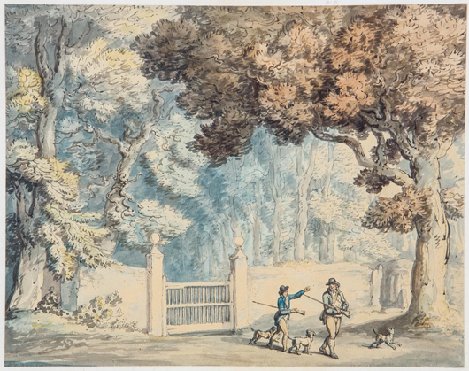 Thomas Rowlandson (1757-1827), two sportsmen, one possibly Rowlandson, shooting in Hengar Woods, watercolor, pen and ink, over pencil. Sold for £6,200. Dreweatts & Bloomsbury Auctions image.