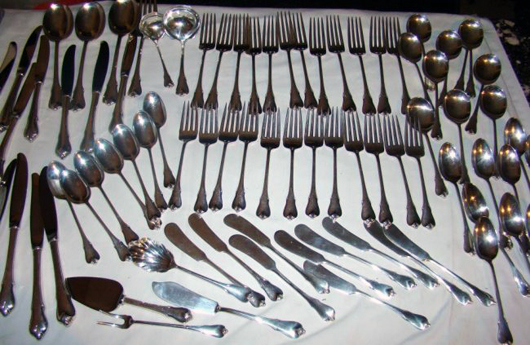 Wallace sterling silver flatware service, including serving pieces, 116.10 troy ounces, without knives 86.48 troy ounces. Estimate: $1,300-$1,500. TAC Estate Auctions Inc. image.