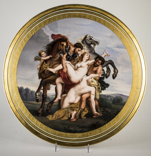 Royal Vienna porcelain charger called ‘Rape of the Sabine Women,’ signed ‘H. Stadler,’ sold for $5,700. Capo Auction Fine Art and Antiques image.