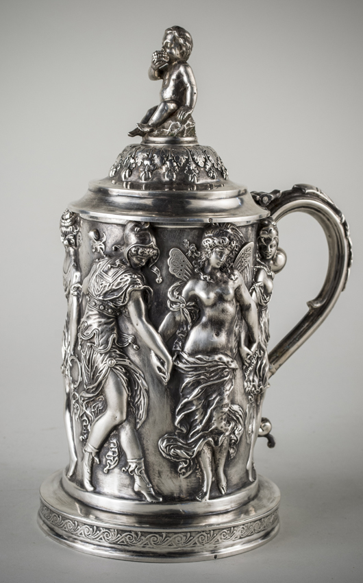 Marked ‘EP’ for Emile Puiforcat, this French silver tankard with domed cover sold for $5,600. Capo Auction Fine Art and Antiques image.