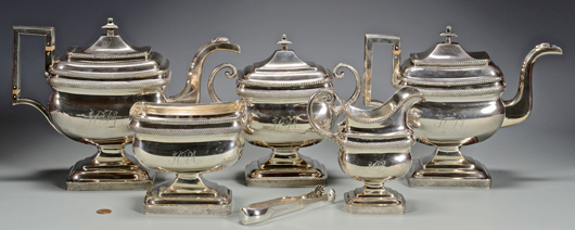 A six-piece Federal coin silver tea service by Charles Burnett of the Washington, D.C., area served up $11,800. Case Antiques Auction image.