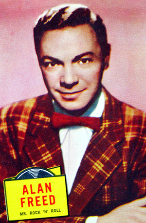 Topps trading card photo of Alan Freed. Topps issued a series of trading cards of entertainers in 1957. The disc jockey was part of their recording stars cards. Image courtesy of Wikimedia Commons.