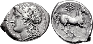 An ancient Greek didrachm, circa 275-270 B.C. Image courtesy of Classical Numismatic Group, Inc. http://www.cngcoins.com. This file is licensed under the Creative Commons Attribution-Share Alike 2.5 Generic license.