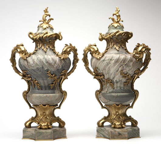Selling for $14,400, these Maison Millet Napoleon III ormolu-mounted marble urns (estimate: $3,000 - $5,000) were among the most anticipated lots of Moran’s July catalog. John Moran Auctioneers image.