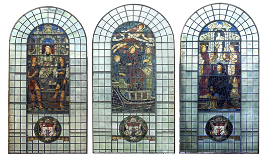 Henry Holiday (1839-1927), a set of stained glass windows for the Institute of Chartered Accountants of England and Wales, 1898, each with a figurative panel above the arms of the Institute and the motto 'Recte Numerare.' Estimate: £8,000 – £12,000, Dreweatts & Bloomsbury Auctions image. 