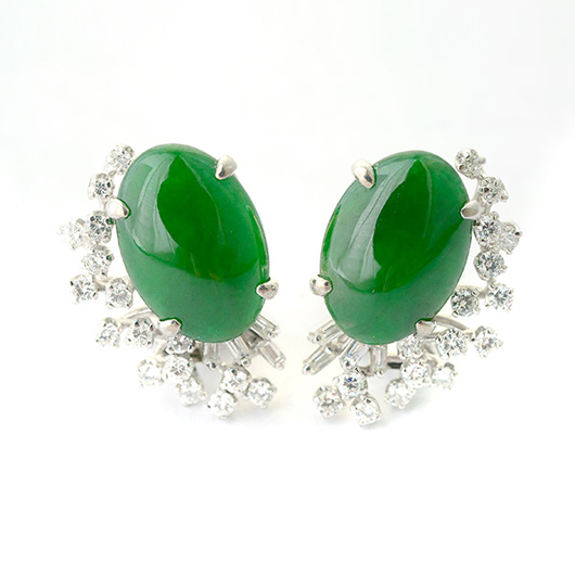 Pair of jade, diamond, 14K white gold earrings. Price realized: $6,490. Michaan's Auctions image.