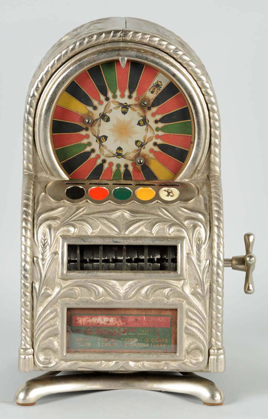 Callie 5-cent Busy Bee cast-iron trade stimulator. Est. $18,000-$20,000. Morphy Auctions image