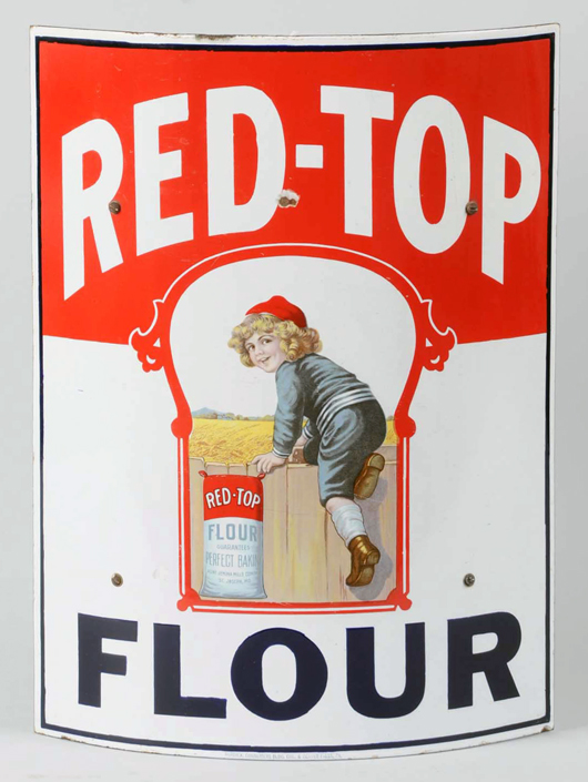 Red-Top Flour convex porcelain sign. Est. $15,000-$25,000. Morphy Auctions image