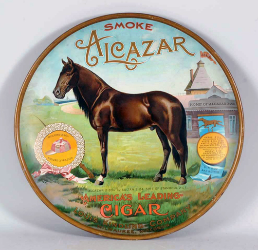 Alcazar Cigar charger  depicting ‘America’s Winningest Horse,’ manufactured by Louis Kindler Company, Milwaukee, Wisconsin. Est. $6,000-$12,000. Morphy Auctions image