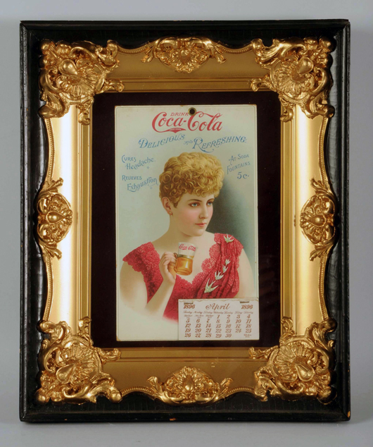 1896 Coca-Cola calendar, extremely rare, presented in a deep shadow box with gilt frame. Est. $30,000-$60,000. Morphy Auctions image