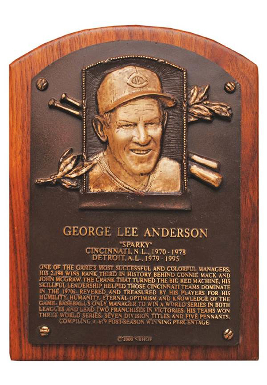 Sparky Anderson's Baseball Hall of Fame plaque. Grey Flannel Auctions image. 
