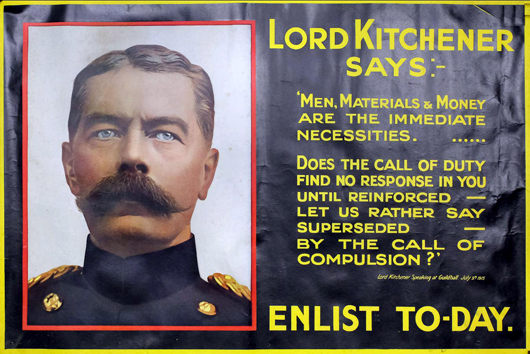 'Lord Kitchener Says Enlist To-day' and 'Single men Show Your Appreciation By Following Their Noble Example,' posters published by the Parliamentary Recruiting Committee. Saleroom value: £200-250. Photo: The Canterbury Auction Galleries.