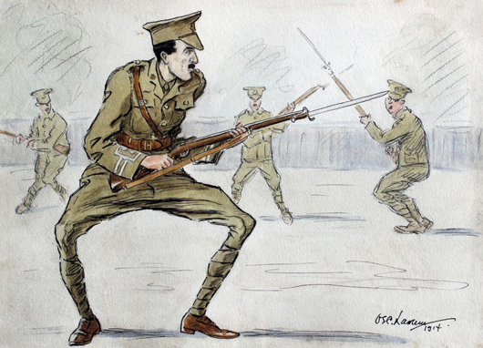 Soldiers practicing bayonet drill, one of 10 cartoons dated 1914 and inscribed 'A. Ridley Martin, Captain, 4th The Buffs.' Alfred Ridley Martin (1881-1970) competed in the 1912 and 1920 Olympics for Great Britain as a saber fencer. Saleroom value: £150-200. Photo: The Canterbury Auction Galleries.